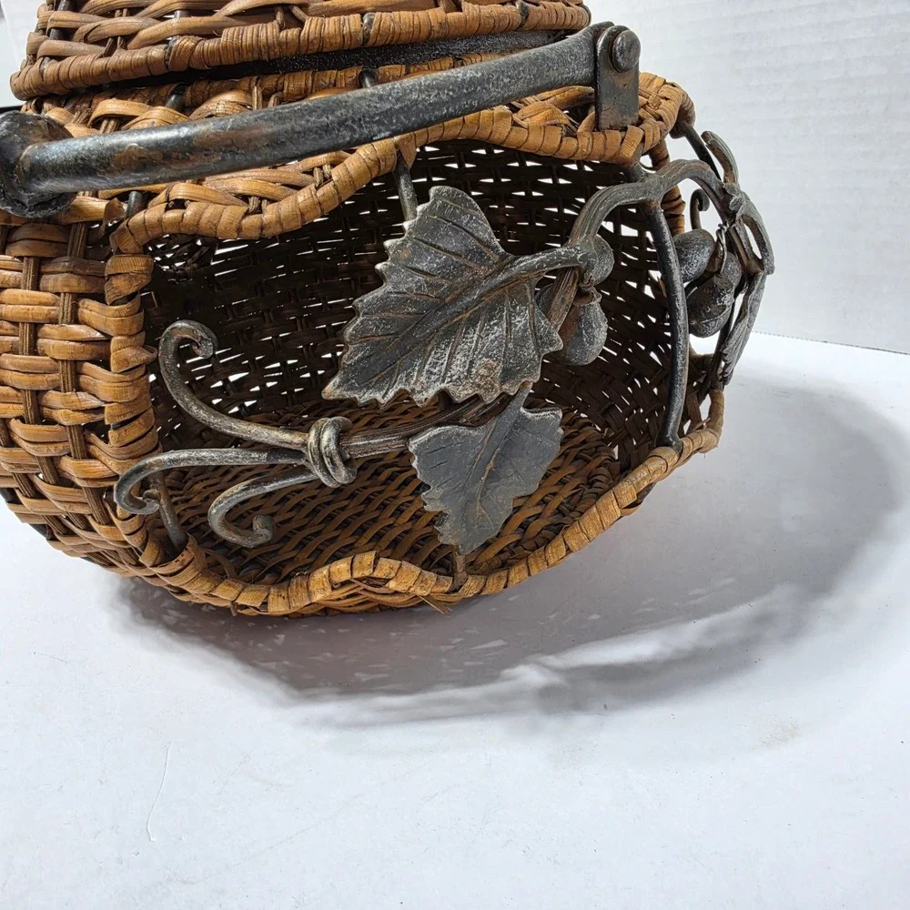 Rustic Woven Wicker Teapot Basket with Metal Leaf Vine Detail and Lid Brown